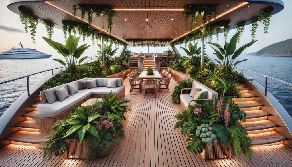 DALL·E The back deck of a luxurious superyacht designed with eco friendly elements filled with tropical greenery and plants The deck is decorated with lush