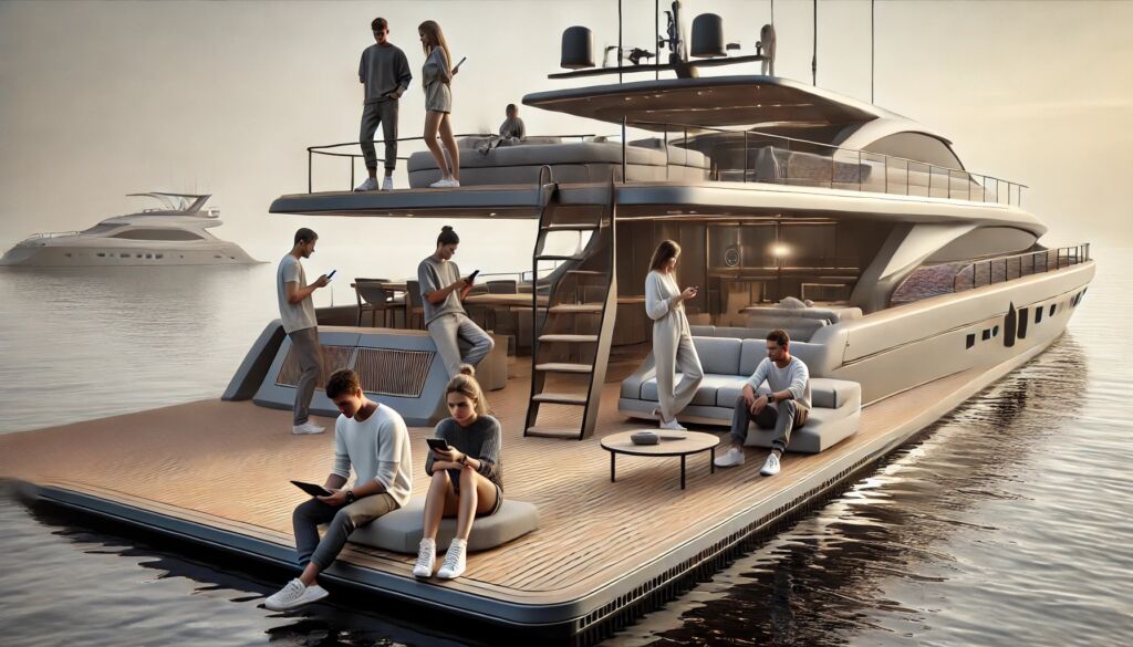 DALL·E Realistic scene of younger individuals (Millennials and Gen Z) enjoying a sleek modern yacht with a minimalist eco friendly design The yacht has su