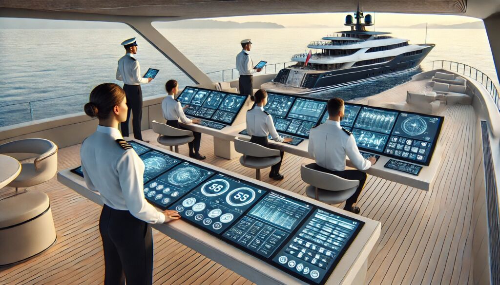 DALL·E A realistic scene showing crew members managing a modern superyacht with advanced technology supporting their roles The crew is interacting with hig