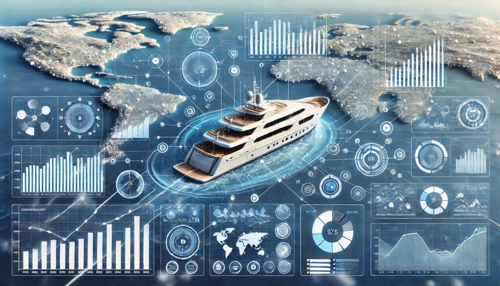 DALL·E A digital illustration showing data analytics in the yachting industry The image includes elements like graphs charts and data points overlaid on a